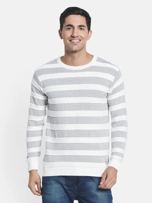 Men Grey White Striped Pullover